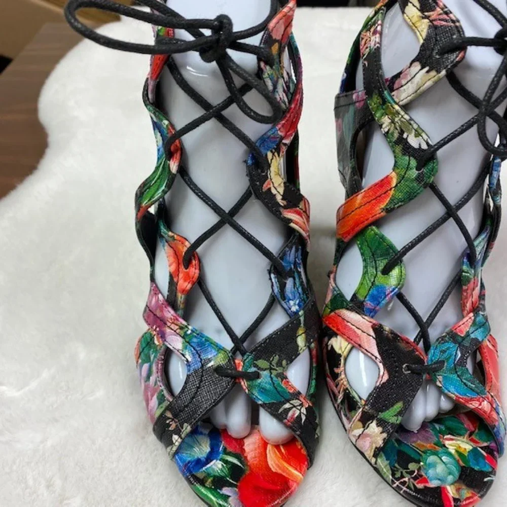 Madden Girl Dita Floral Lace‎ Up Stilettos Open Toe Heels, size 8